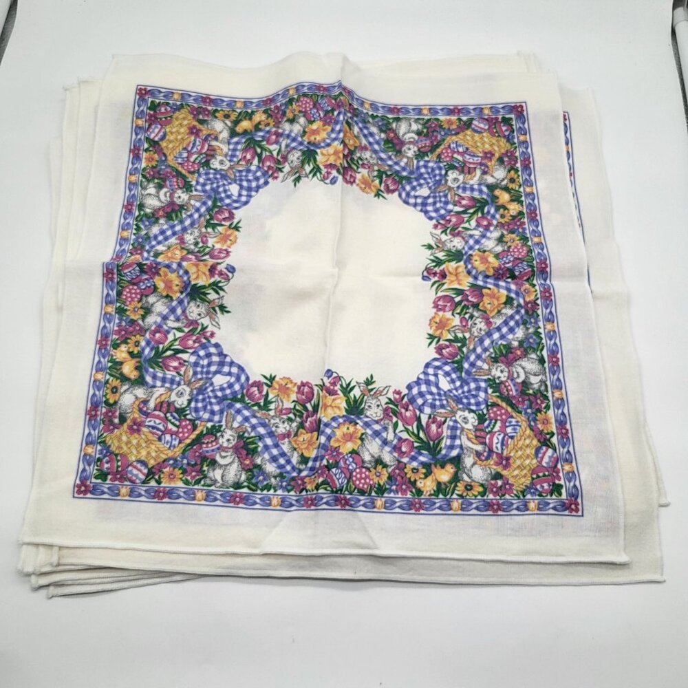 VTG 90s Easter Linens Napkins Set of 8 Picnic Country Spring Bunny Eggs Floral - Picture 2 of 8
